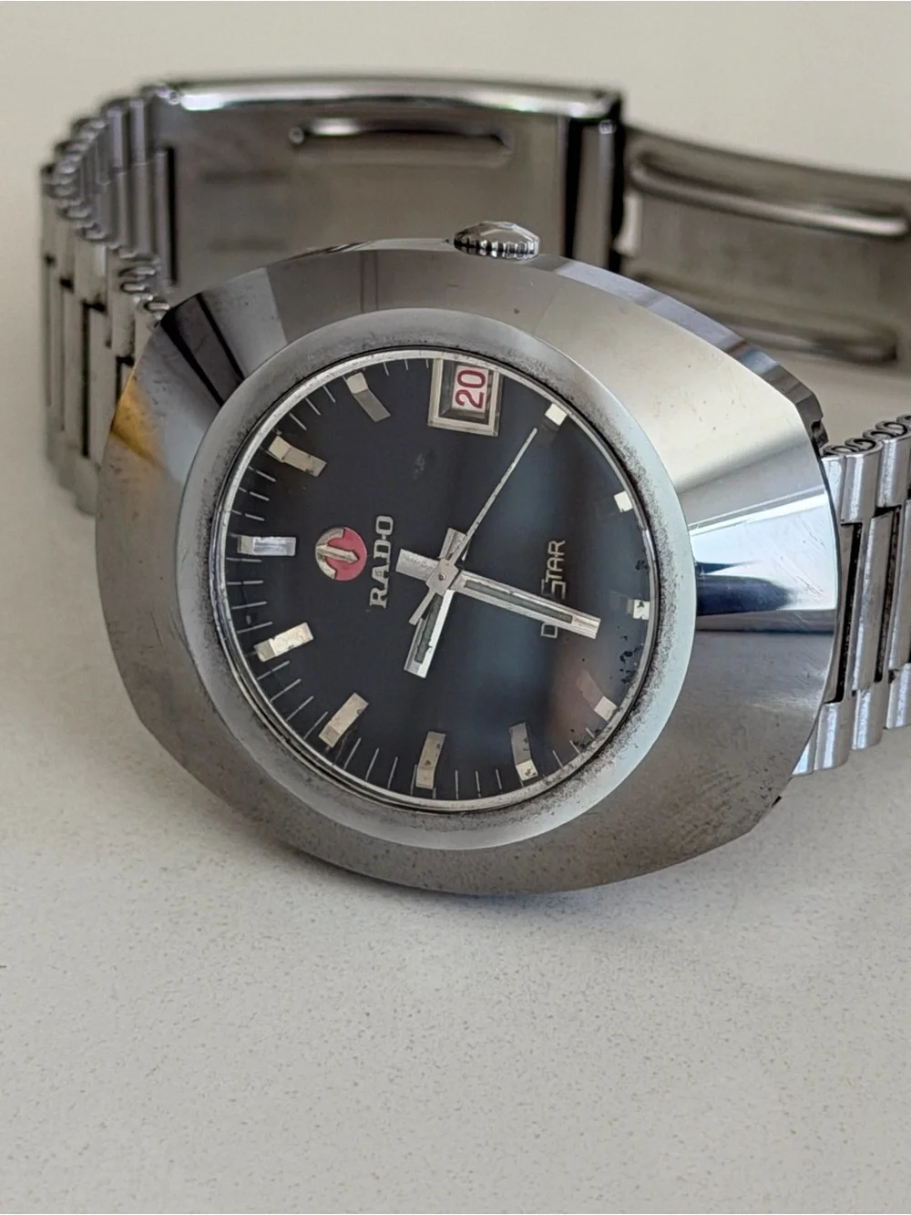 Rado Vintage Stainless Steel Watch with Black Dial and Red Logo
